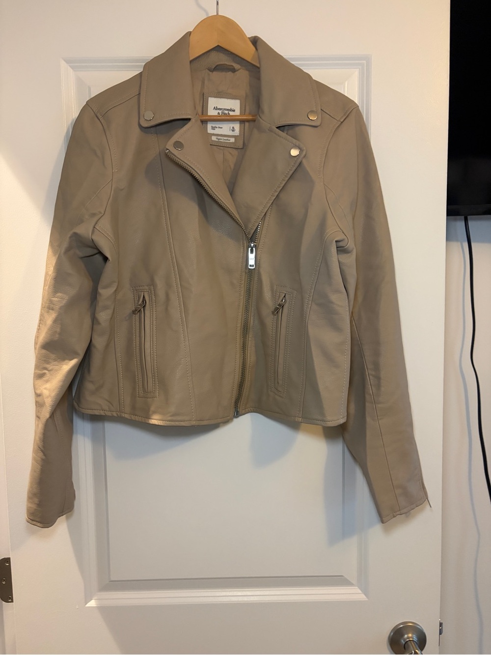 Abercrombie & Fitch | Cropped Taupe Faux Leather Moto Jacket - Picture 2 of 8